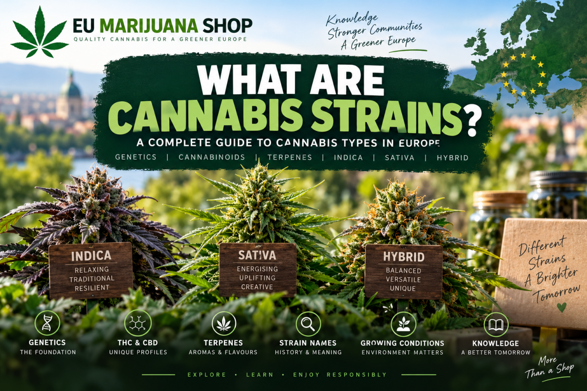 What are cannabis strains? Learn about Indica, Sativa and Hybrid cannabis strains, their differences, genetics, THC and CBD, aromas, and popular varieties in Europe.