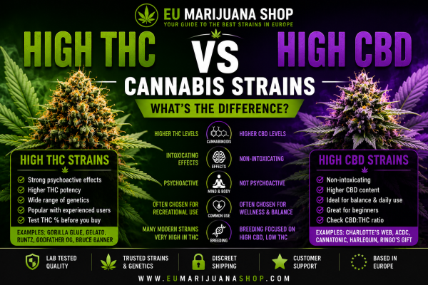 Compare high THC vs high CBD strains, including potency, effects, cannabinoids, genetics and key differences to understand how cannabis strains vary.