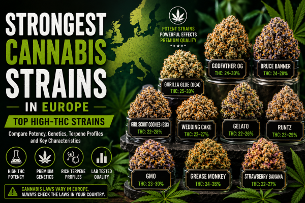 Discover the strongest cannabis strains in Europe and compare popular high-THC varieties, genetics, potency, terpene profiles and key strain characteristics.
