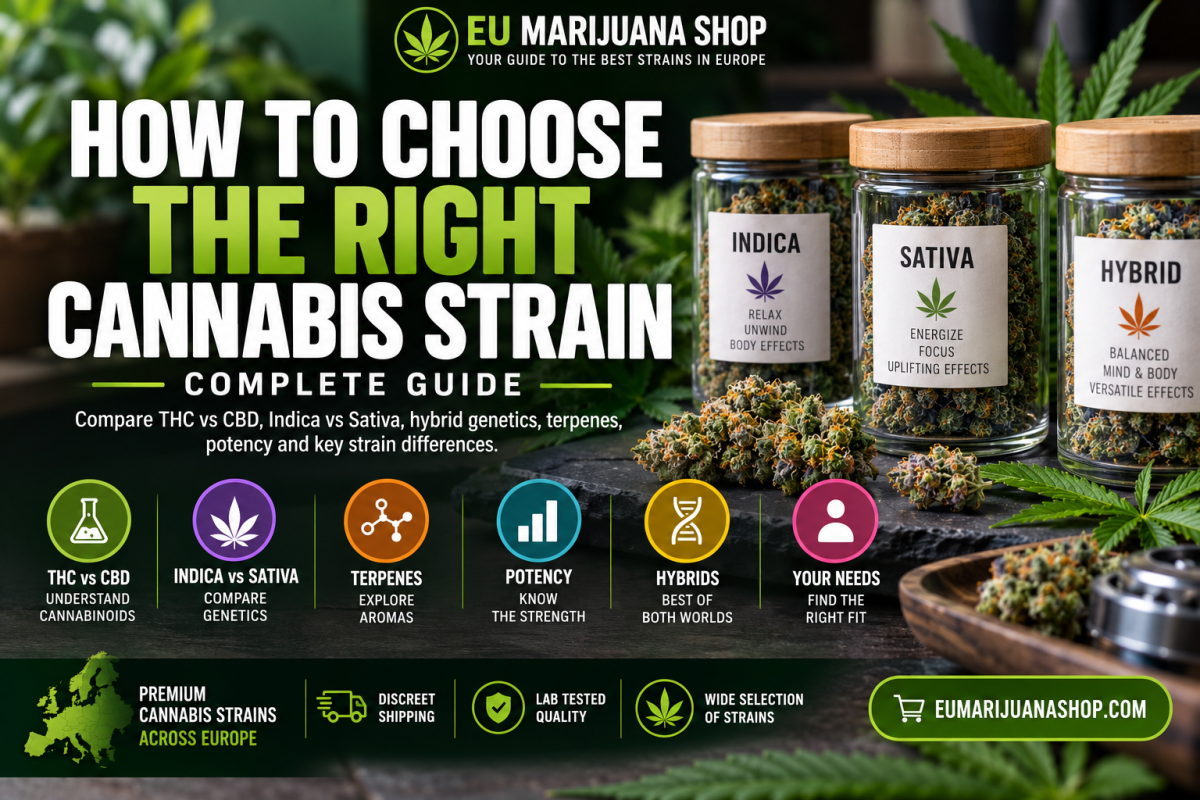 Learn how to choose the right cannabis strain by comparing THC vs CBD, Indica vs Sativa, hybrid genetics, terpenes, potency, and key strain differences.