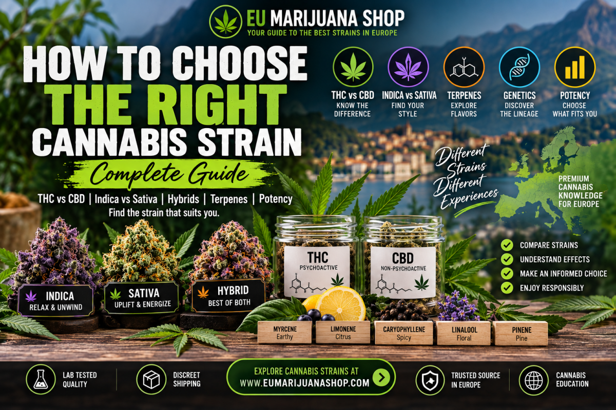 Learn how to choose the right cannabis strain by comparing THC vs CBD, Indica vs Sativa, hybrid genetics, terpenes, potency, and key strain differences.